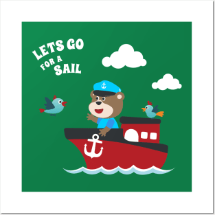 Cute bear the animal sailor on the boat with cartoon style. Posters and Art